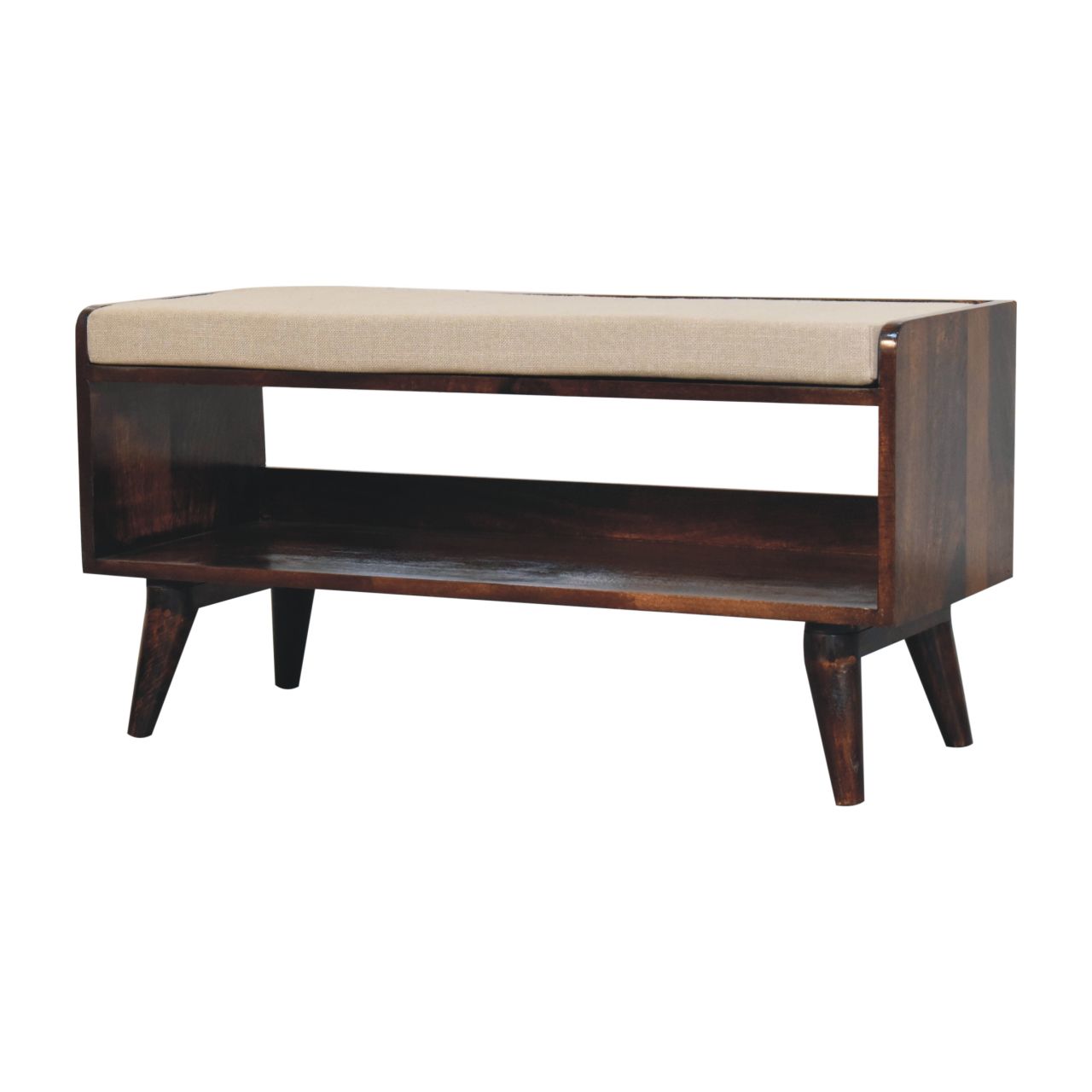 Solid Mango Wood California Walnut Finished Bench with Linen Seat Pad - Image 2