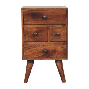 Solid Mango Wood Honey Caramel Finished Nordic Style 4 Drawer Multi Bedside
