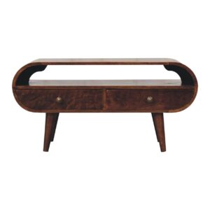 Solid Mango Wood California Walnut Finished 2 Drawer Circular TV Stand