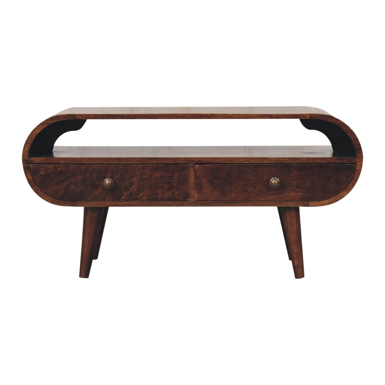 Solid Mango Wood California Walnut Finished 2 Drawer Circular TV Stand