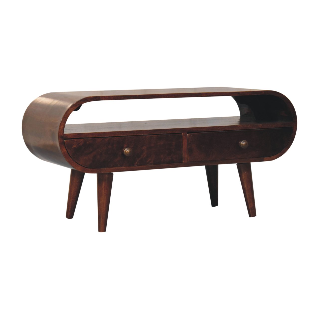 Solid Mango Wood California Walnut Finished 2 Drawer Circular TV Stand - Image 2