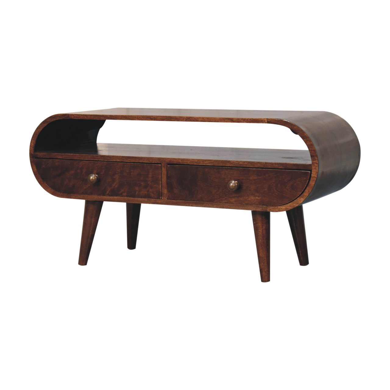 Solid Mango Wood California Walnut Finished 2 Drawer Circular TV Stand - Image 3