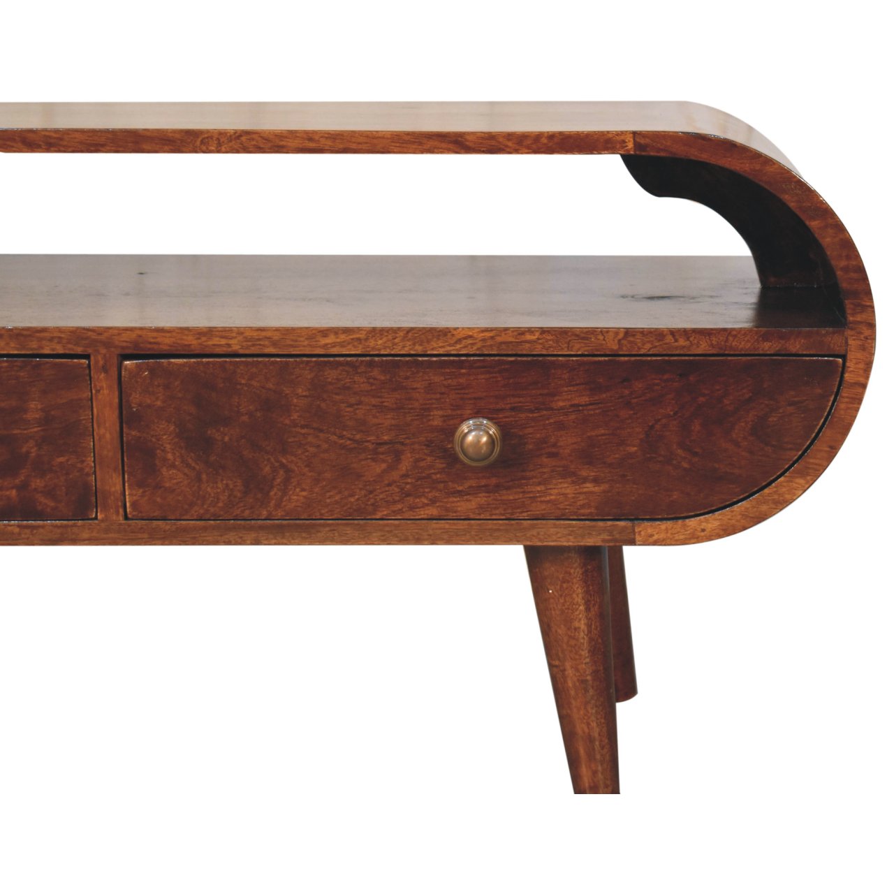 Solid Mango Wood California Walnut Finished 2 Drawer Circular TV Stand - Image 4