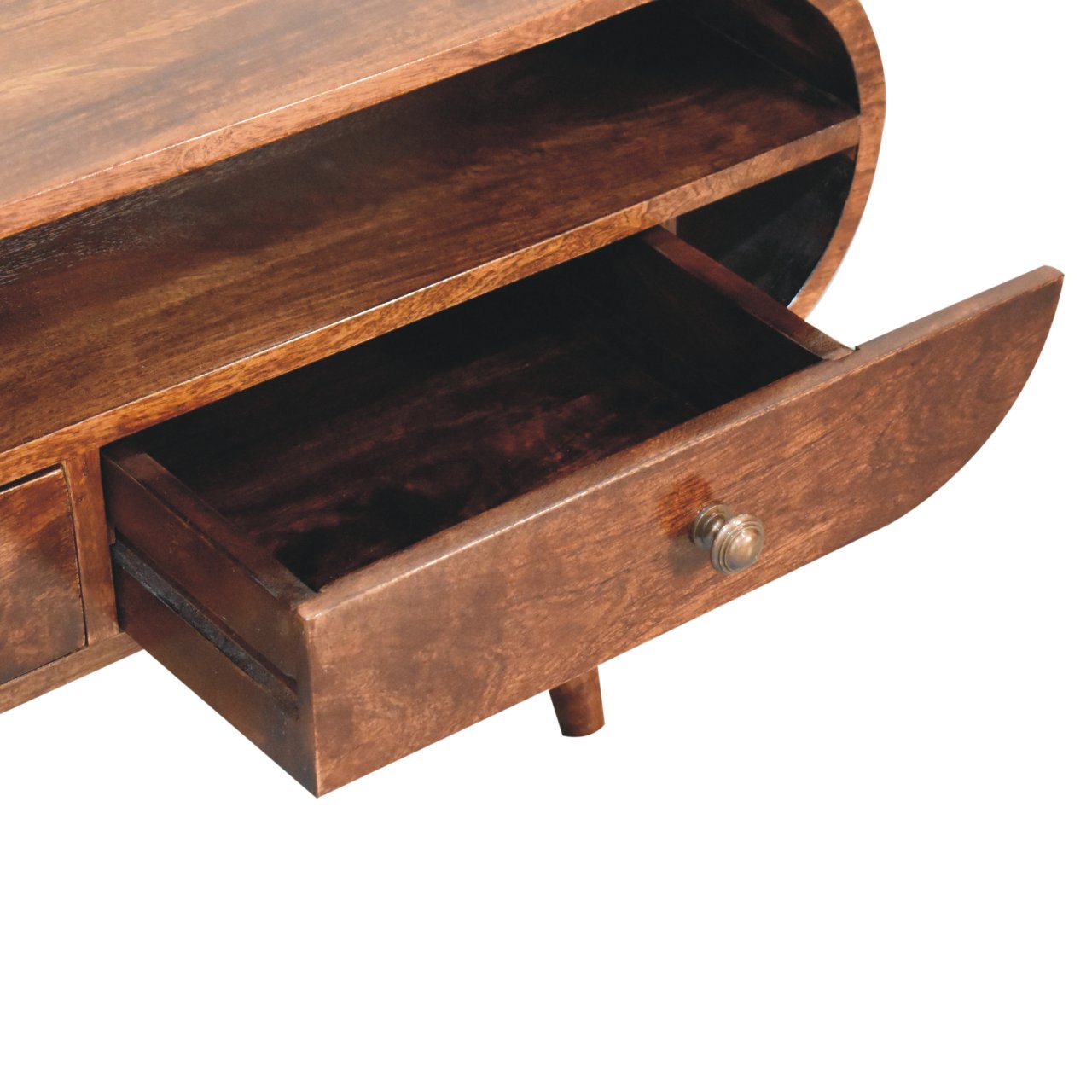 Solid Mango Wood California Walnut Finished 2 Drawer Circular TV Stand - Image 6