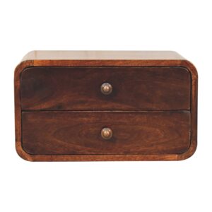 Solid Mango Wood California Walnut Finished 2 Drawer Curved Wall Mounted Bedside