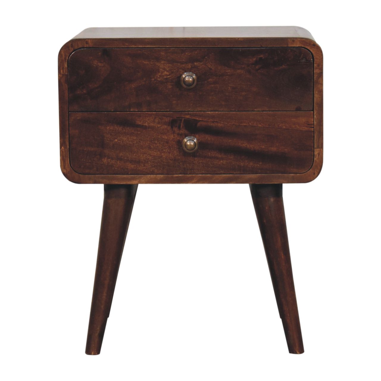 Solid Mango Wood Curved California Walnut Finished 2 Drawer Bedside - Image 8