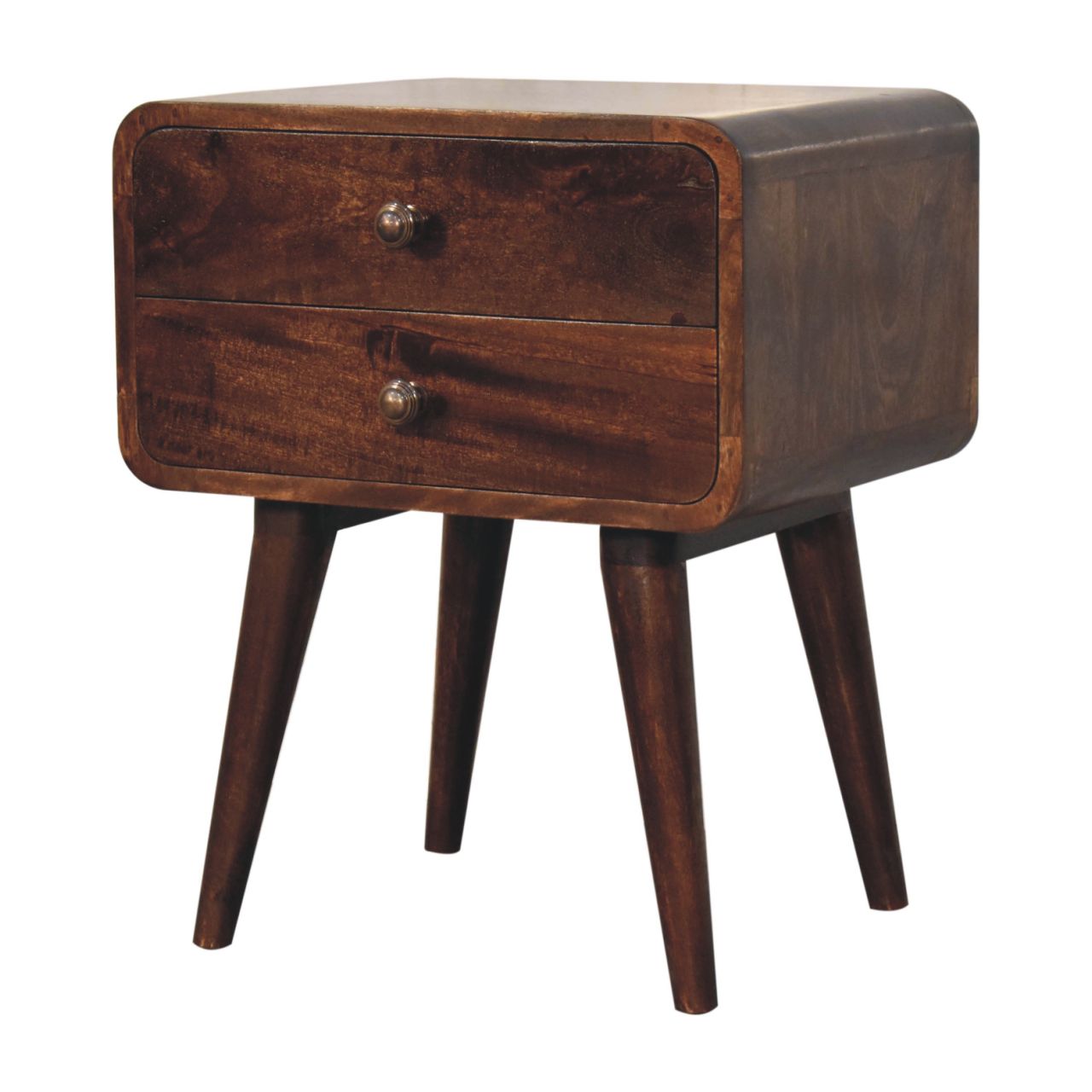 Solid Mango Wood Curved California Walnut Finished 2 Drawer Bedside - Image 7