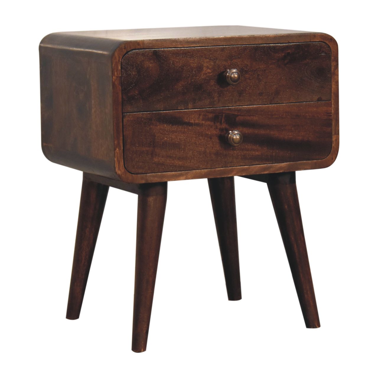 Solid Mango Wood Curved California Walnut Finished 2 Drawer Bedside - Image 6