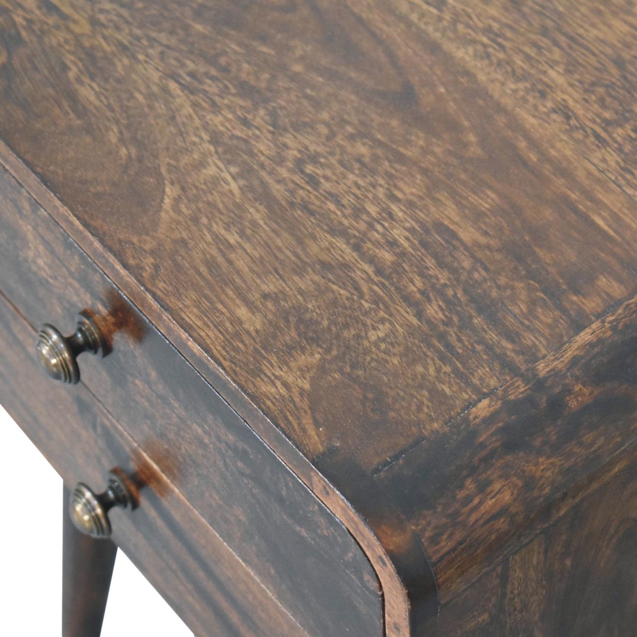 Solid Mango Wood Curved California Walnut Finished 2 Drawer Bedside - Image 3