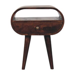 Solid Mango Wood California Walnut Finished 1 Drawer Rounded Bedside with Open Slot