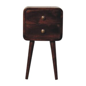 Solid Mango Wood California Walnut Finished 2 Drawer Mini Curved Bedside