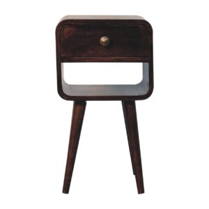 Solid Mango Wood California Walnut Finished 1 Drawer Mini Curved Bedside with Lower Slot