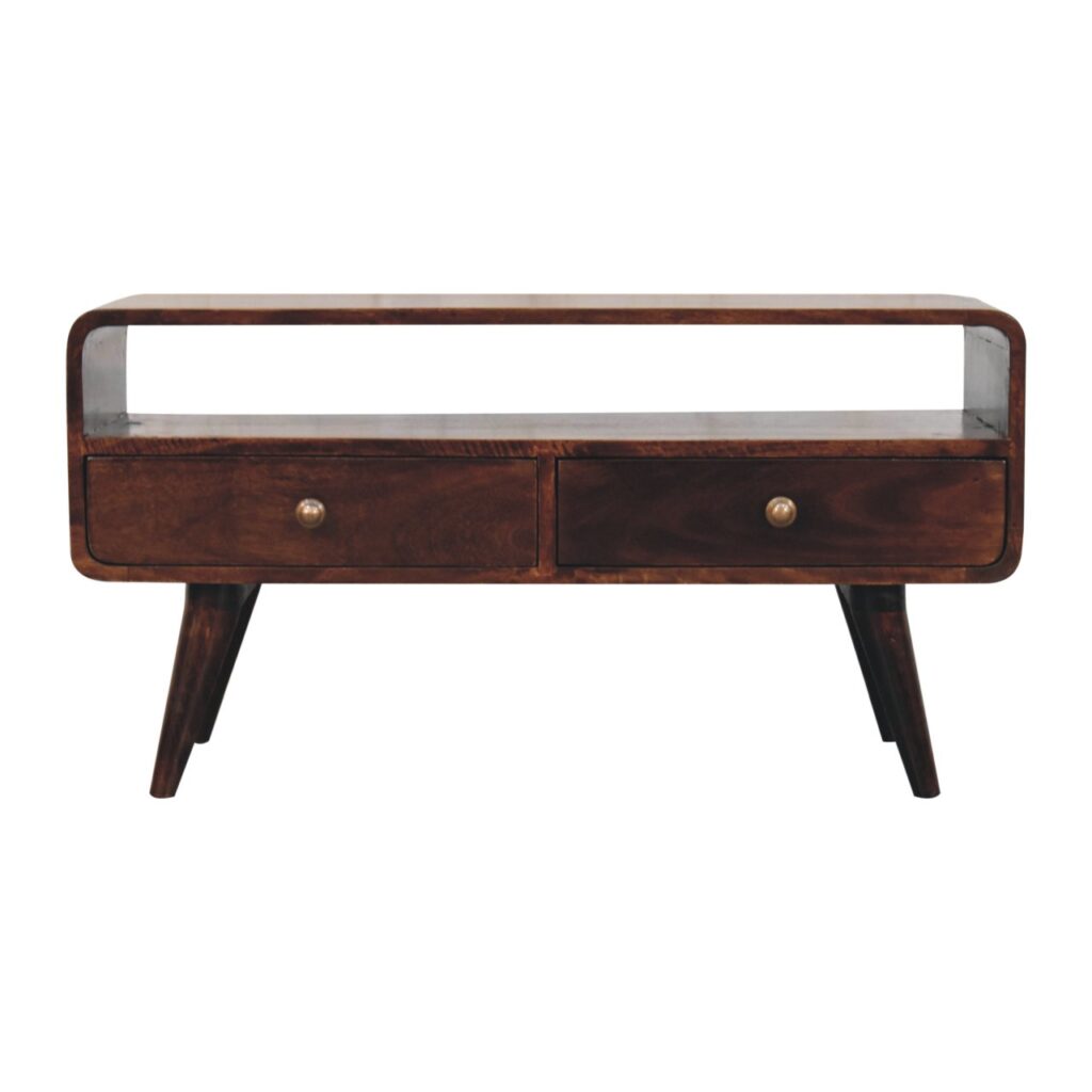 Solid Mango Wood California Walnut Finished 2 Drawer Curved Media Unit