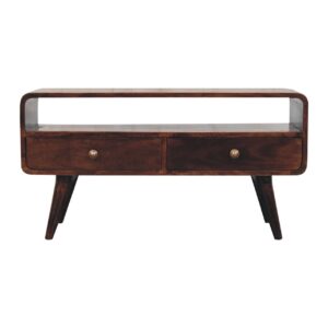 Solid Mango Wood California Walnut Finished 2 Drawer Curved Media Unit
