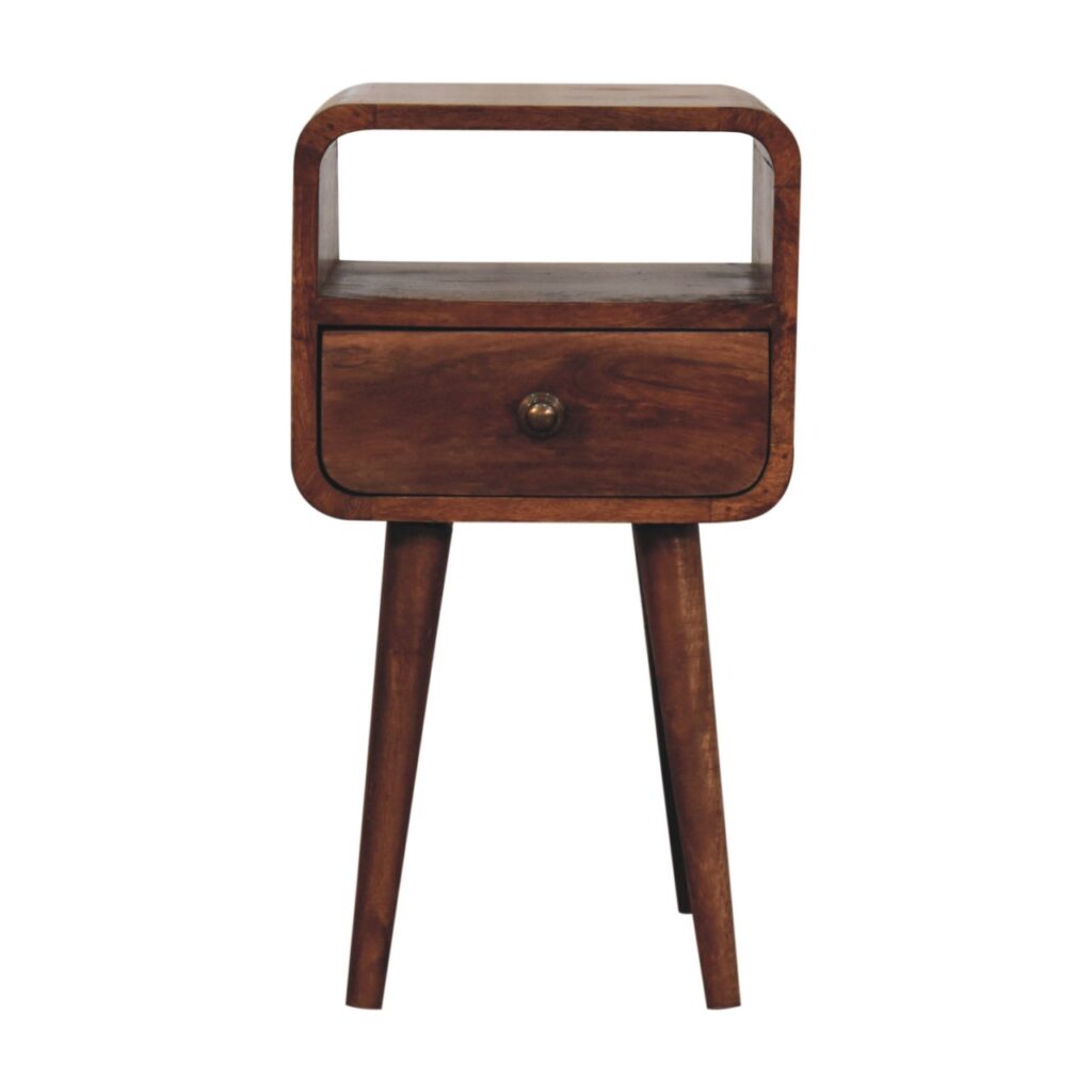 Solid Mango Wood Honey Caramel Finished 1 Drawer Mini Curved Bedside with Open Slot