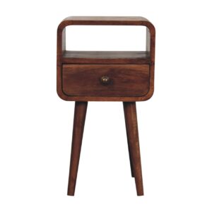 Solid Mango Wood Honey Caramel Finished 1 Drawer Mini Curved Bedside with Open Slot