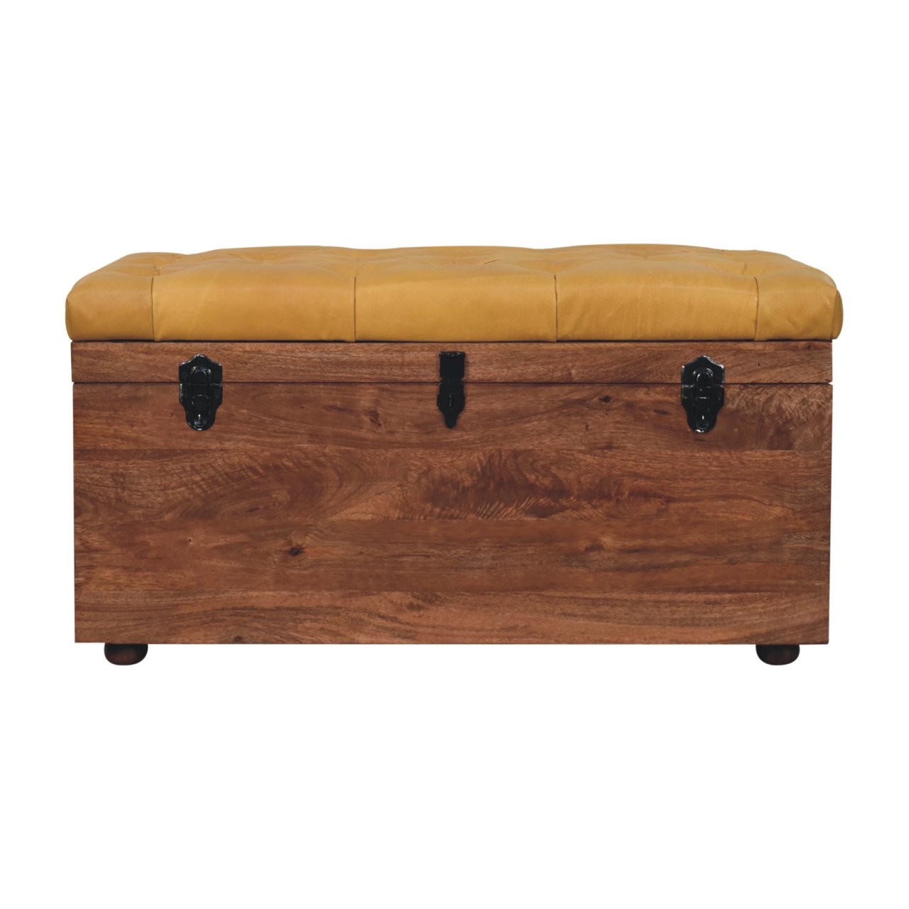 Solid Mango Wood Honey Caramel Finished & Buffalo Leather Storage Trunk