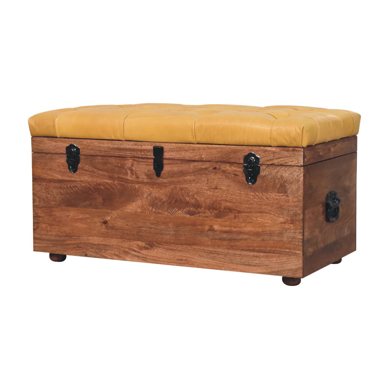 Solid Mango Wood Honey Caramel Finished & Buffalo Leather Storage Trunk - Image 3