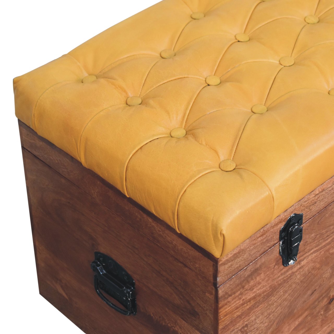 Solid Mango Wood Honey Caramel Finished & Buffalo Leather Storage Trunk - Image 5
