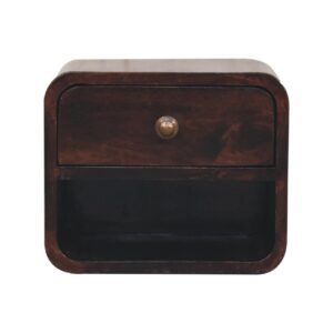 Solid Mango Wood California Walnut 1 Drawer 1 Slot Mini Curved Wall Mounted Bedside