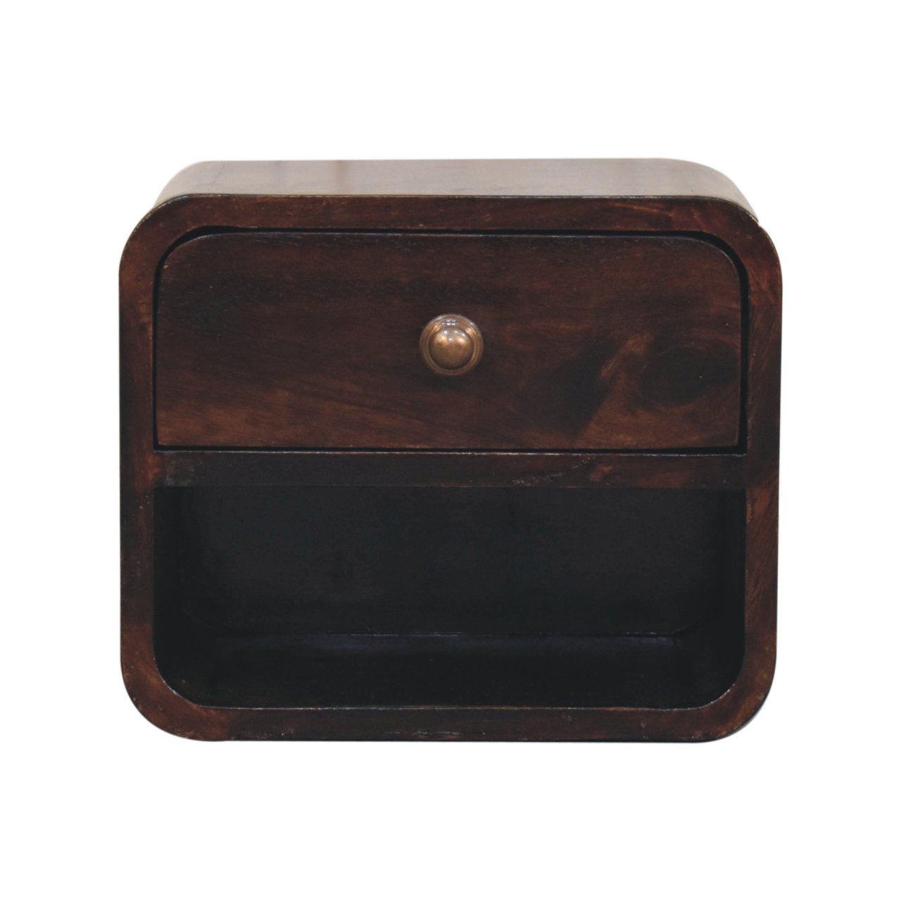Solid Mango Wood California Walnut 1 Drawer 1 Slot Mini Curved Wall Mounted Bedside