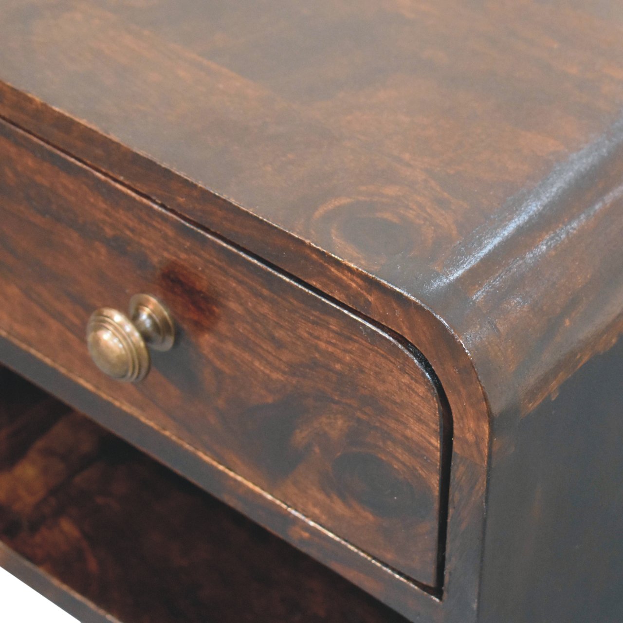 Solid Mango Wood California Walnut 1 Drawer 1 Slot Mini Curved Wall Mounted Bedside - Image 5