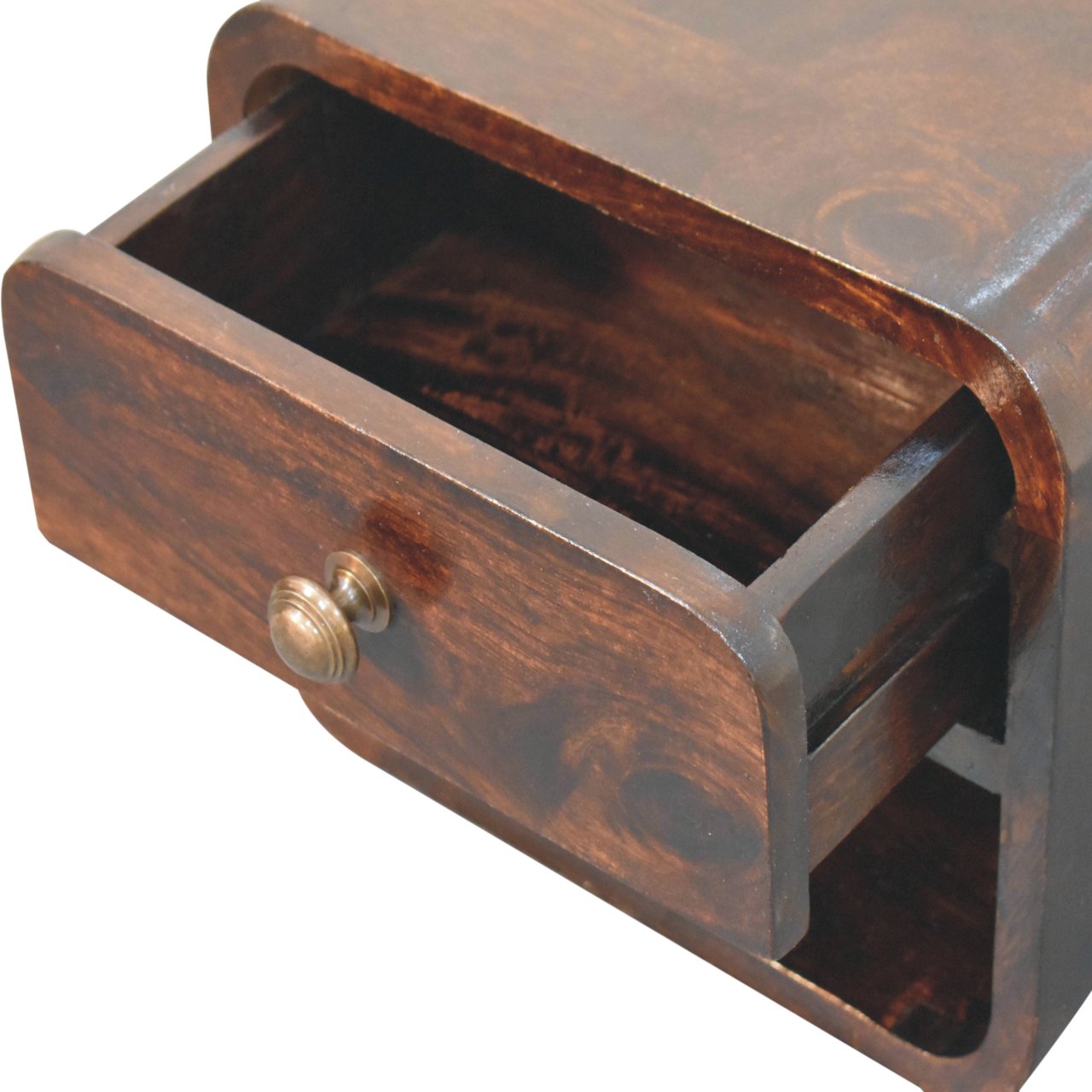 Solid Mango Wood California Walnut 1 Drawer 1 Slot Mini Curved Wall Mounted Bedside - Image 6