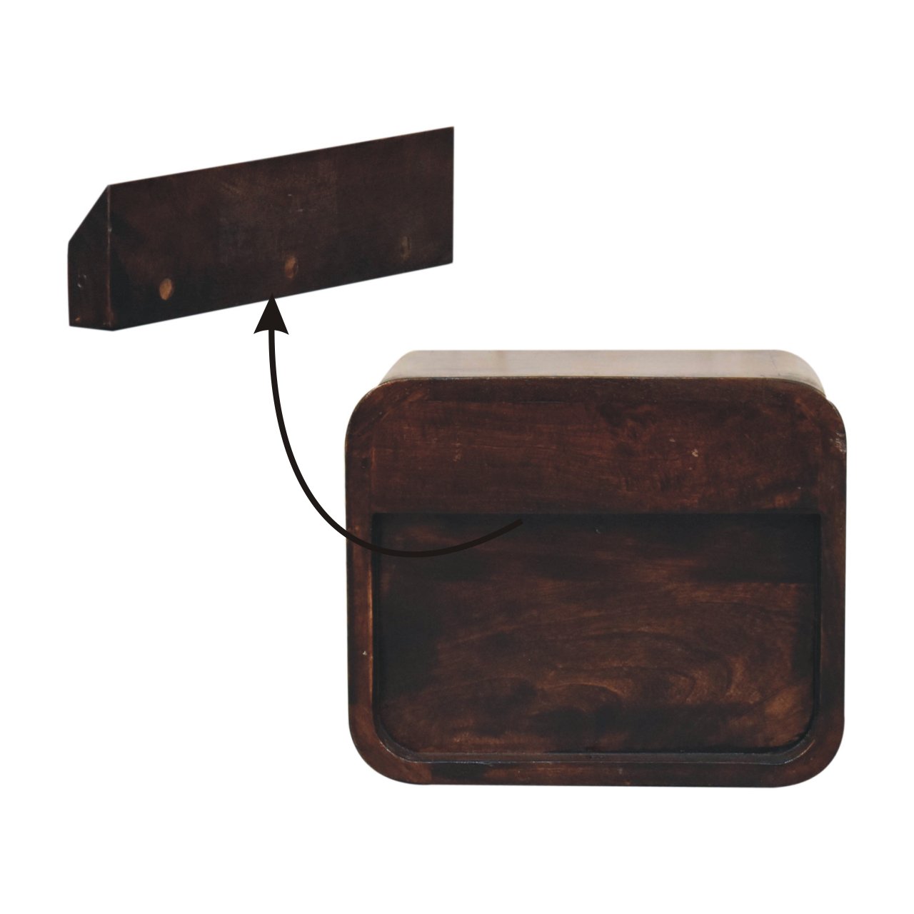 Solid Mango Wood California Walnut 1 Drawer 1 Slot Mini Curved Wall Mounted Bedside - Image 9