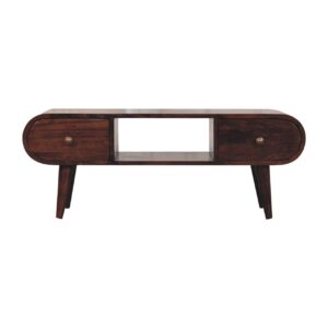 Solid Mango Wood California Walnut Finished 2 Drawer Rounded TV Unit
