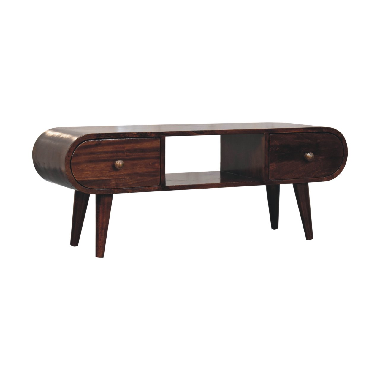 Solid Mango Wood California Walnut Finished 2 Drawer Rounded TV Unit - Image 2