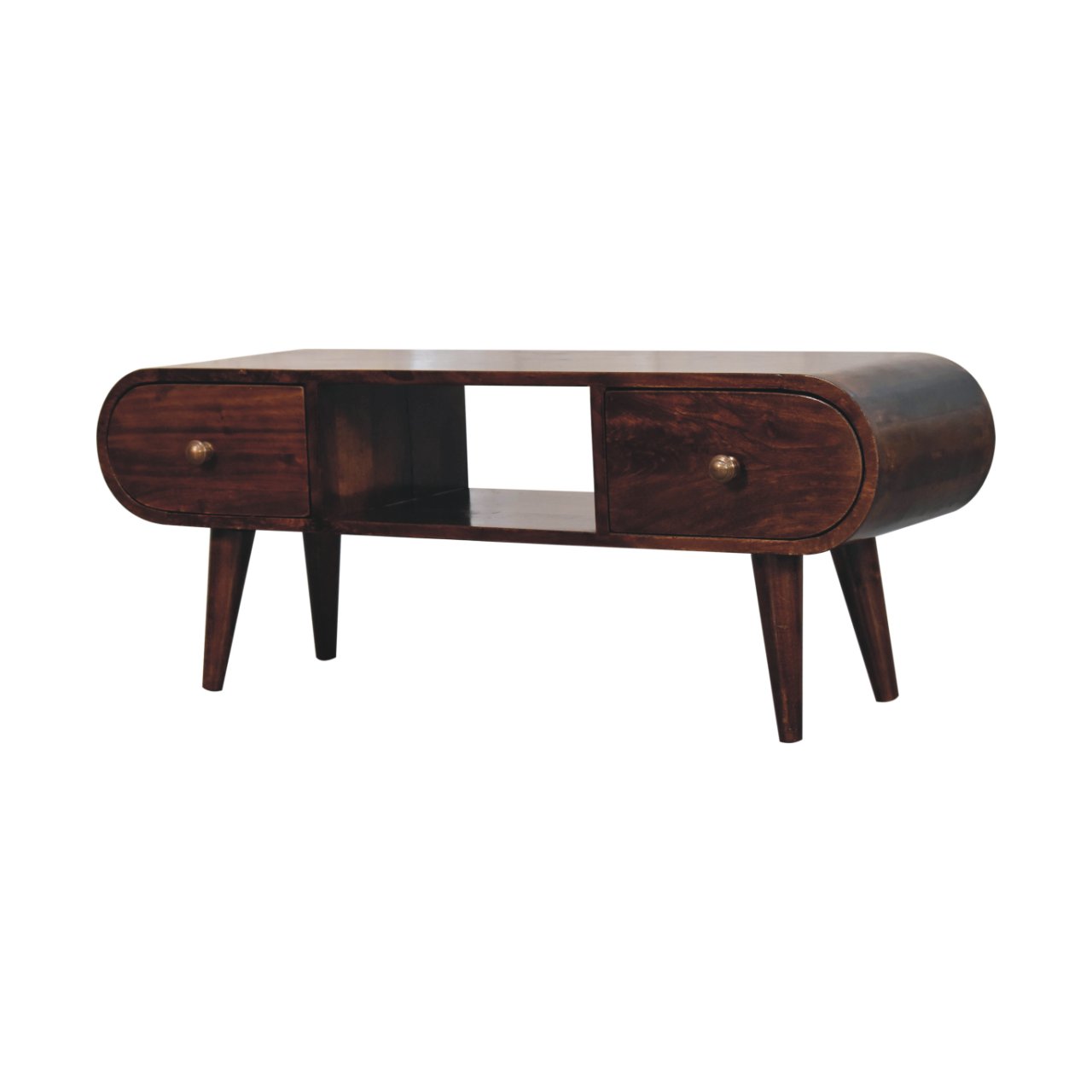 Solid Mango Wood California Walnut Finished 2 Drawer Rounded TV Unit - Image 3