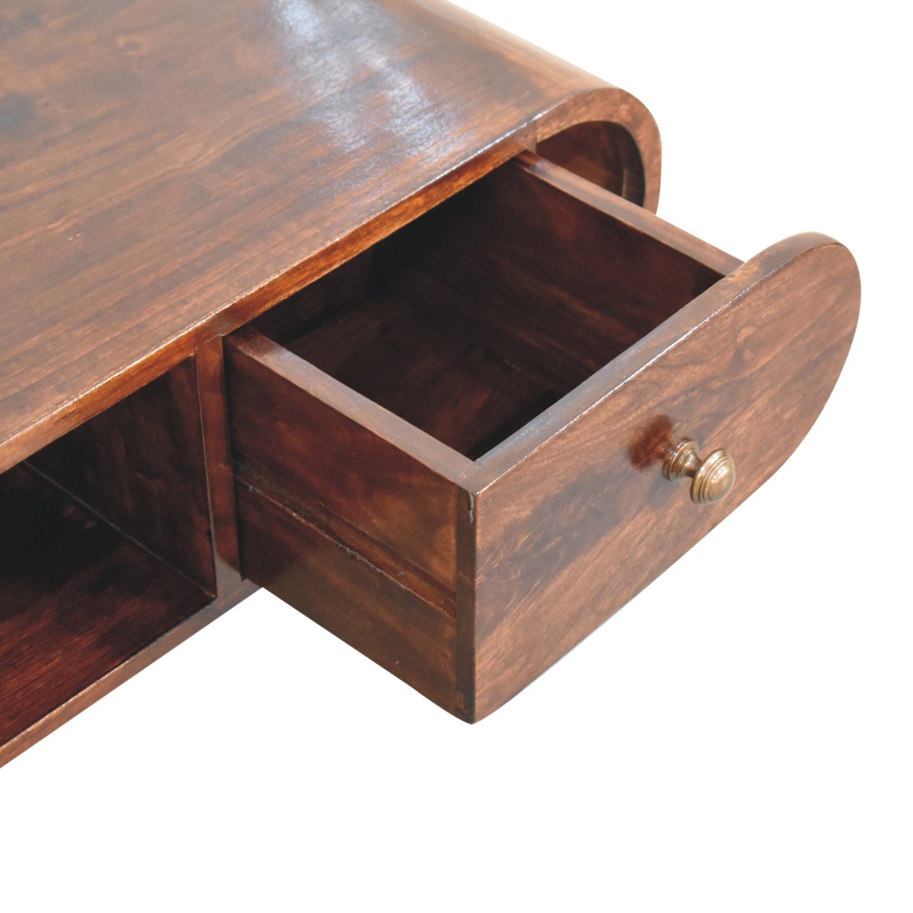 Solid Mango Wood California Walnut Finished 2 Drawer Rounded TV Unit - Image 6