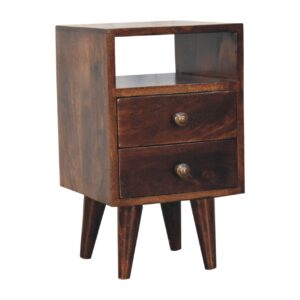 Solid Mango Wood California Walnut 2 Drawer 1 Slot Mini Classic Bedside
