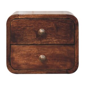 Solid Mango Wood California Walnut Finished 2 Drawer Mini Curved Wall Mounted Bedside