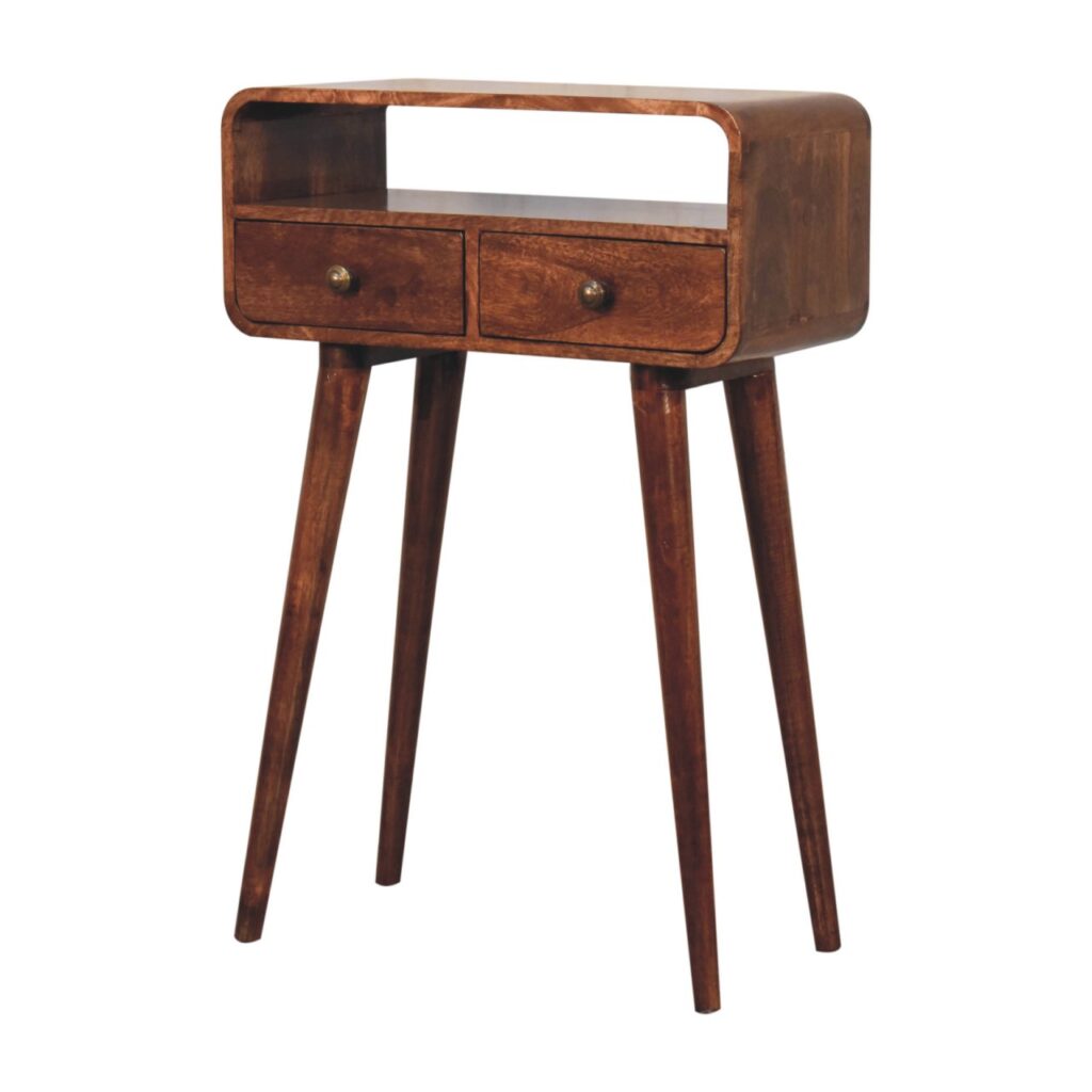 Solid Mango Wood Honey Caramel Finished 2 Drawer Mini Curved Console Table