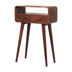 Solid Mango Wood Honey Caramel Finished 2 Drawer Mini Curved Console Table