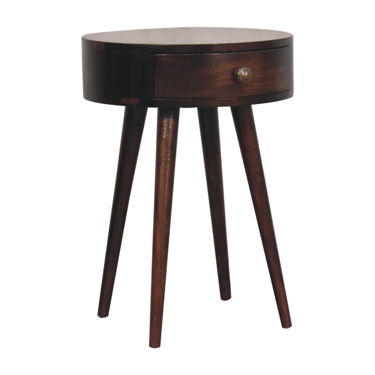 Solid Mango Wood California Walnut Finished 1 Drawer Nordic Style Circular Shaped Bedside - Image 2