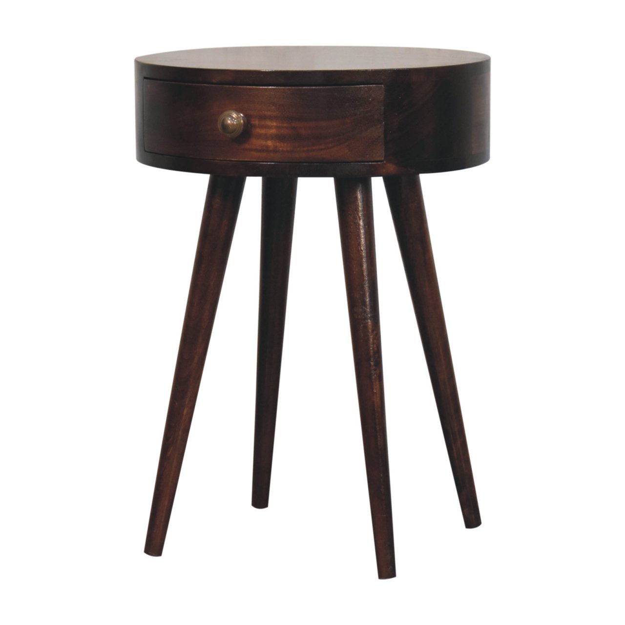 Solid Mango Wood California Walnut Finished 1 Drawer Nordic Style Circular Shaped Bedside - Image 3