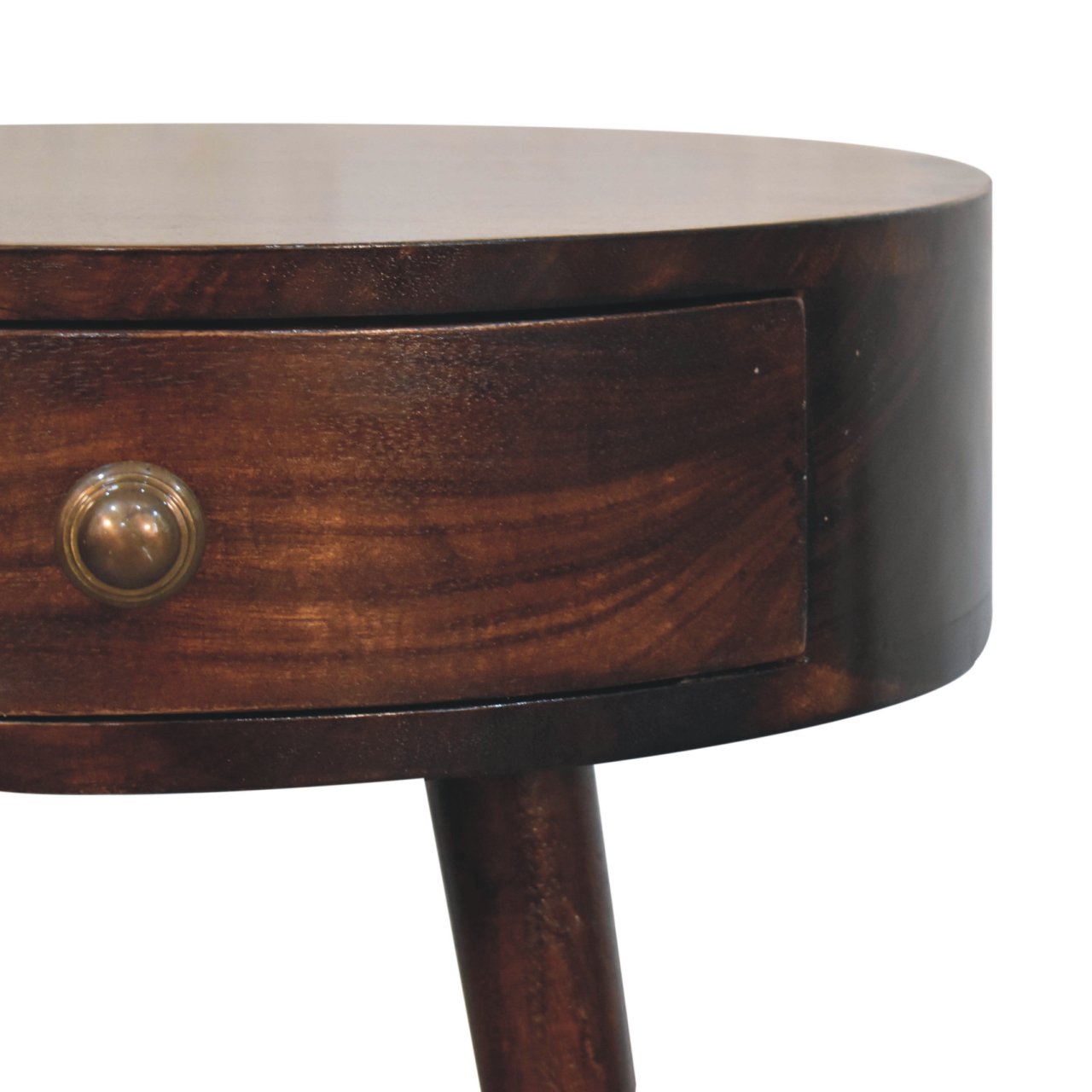 Solid Mango Wood California Walnut Finished 1 Drawer Nordic Style Circular Shaped Bedside - Image 4