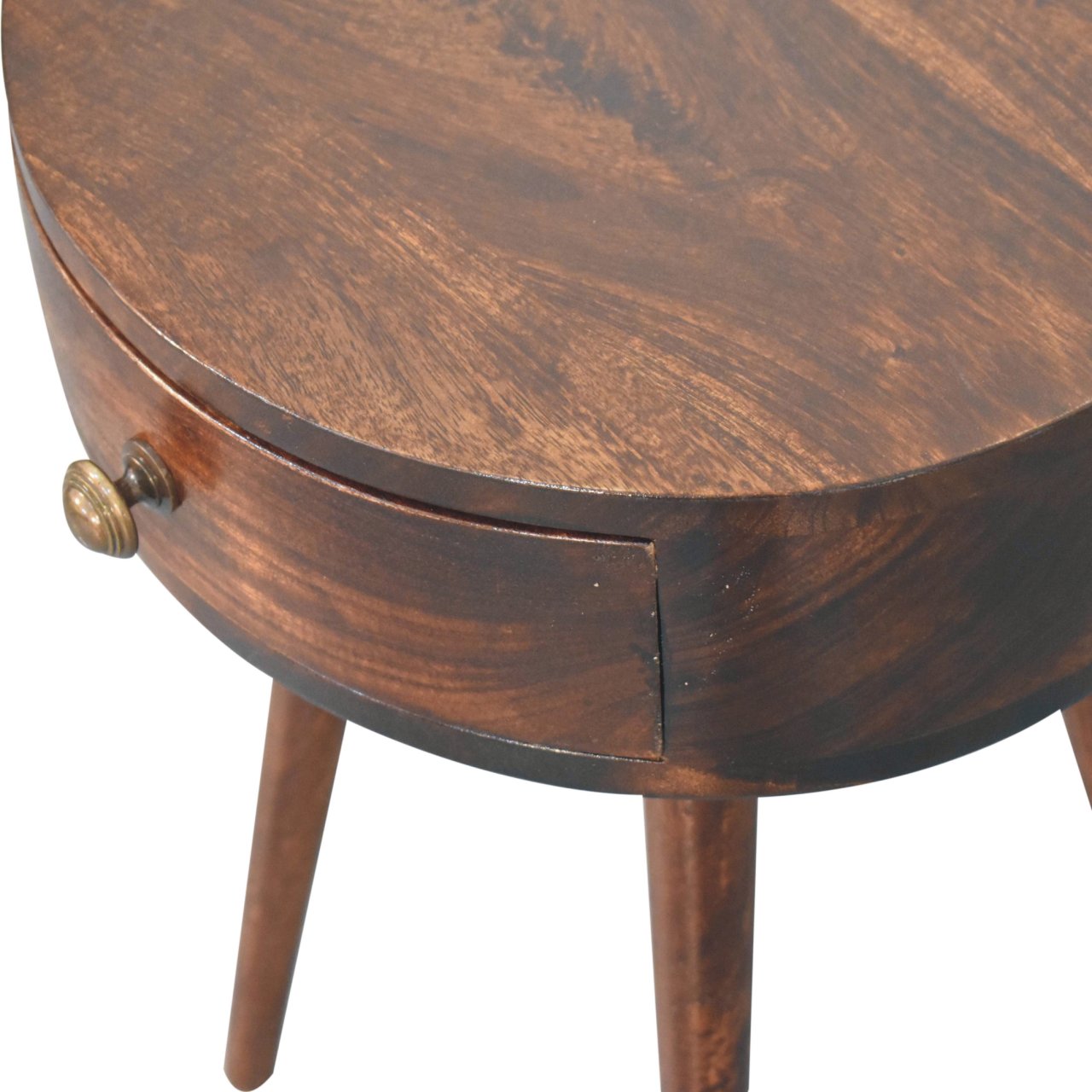 Solid Mango Wood California Walnut Finished 1 Drawer Nordic Style Circular Shaped Bedside - Image 5