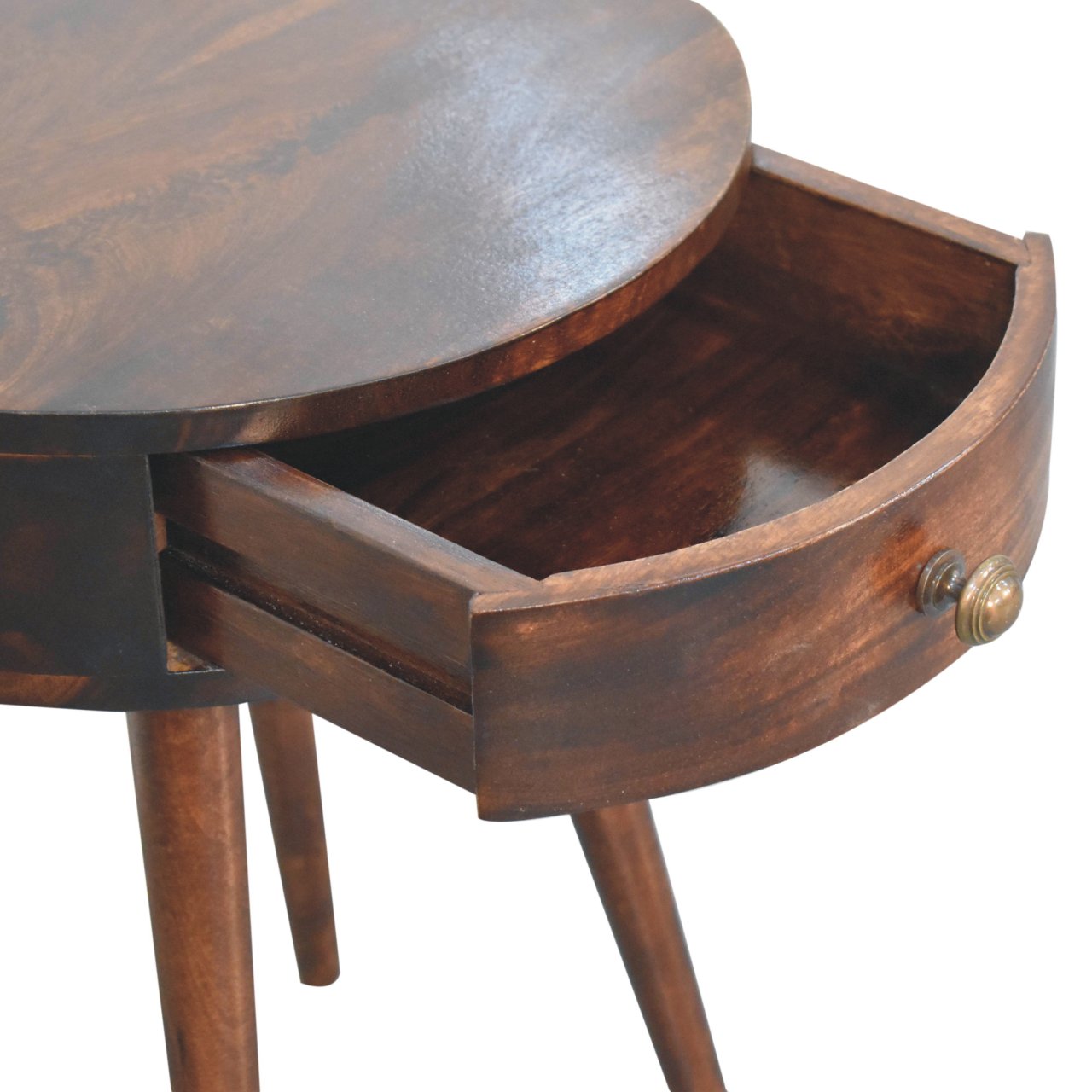 Solid Mango Wood California Walnut Finished 1 Drawer Nordic Style Circular Shaped Bedside - Image 6