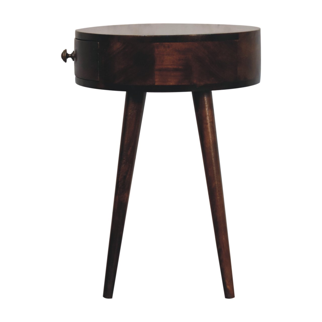 Solid Mango Wood California Walnut Finished 1 Drawer Nordic Style Circular Shaped Bedside - Image 9