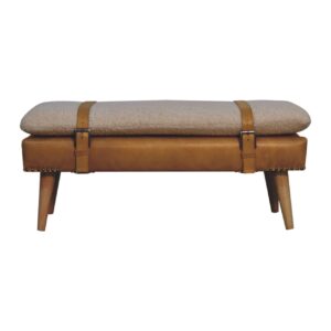 Solid Mango Wood Boucle Buffalo Hide Tan Leather Finished Bench