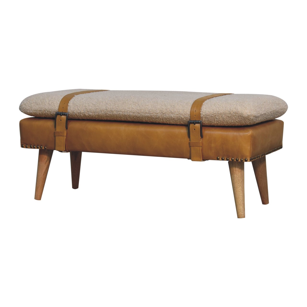 Solid Mango Wood Boucle Buffalo Hide Tan Leather Finished Bench - Image 2