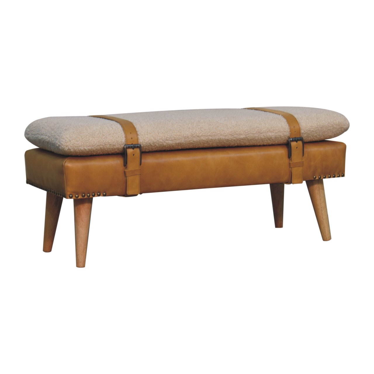 Solid Mango Wood Boucle Buffalo Hide Tan Leather Finished Bench - Image 3