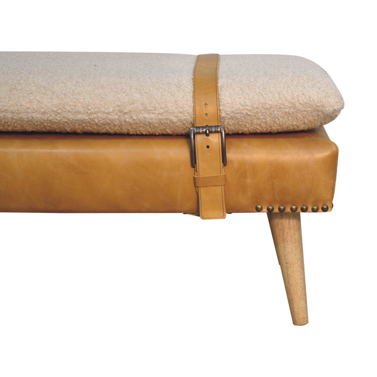 Solid Mango Wood Boucle Buffalo Hide Tan Leather Finished Bench - Image 4
