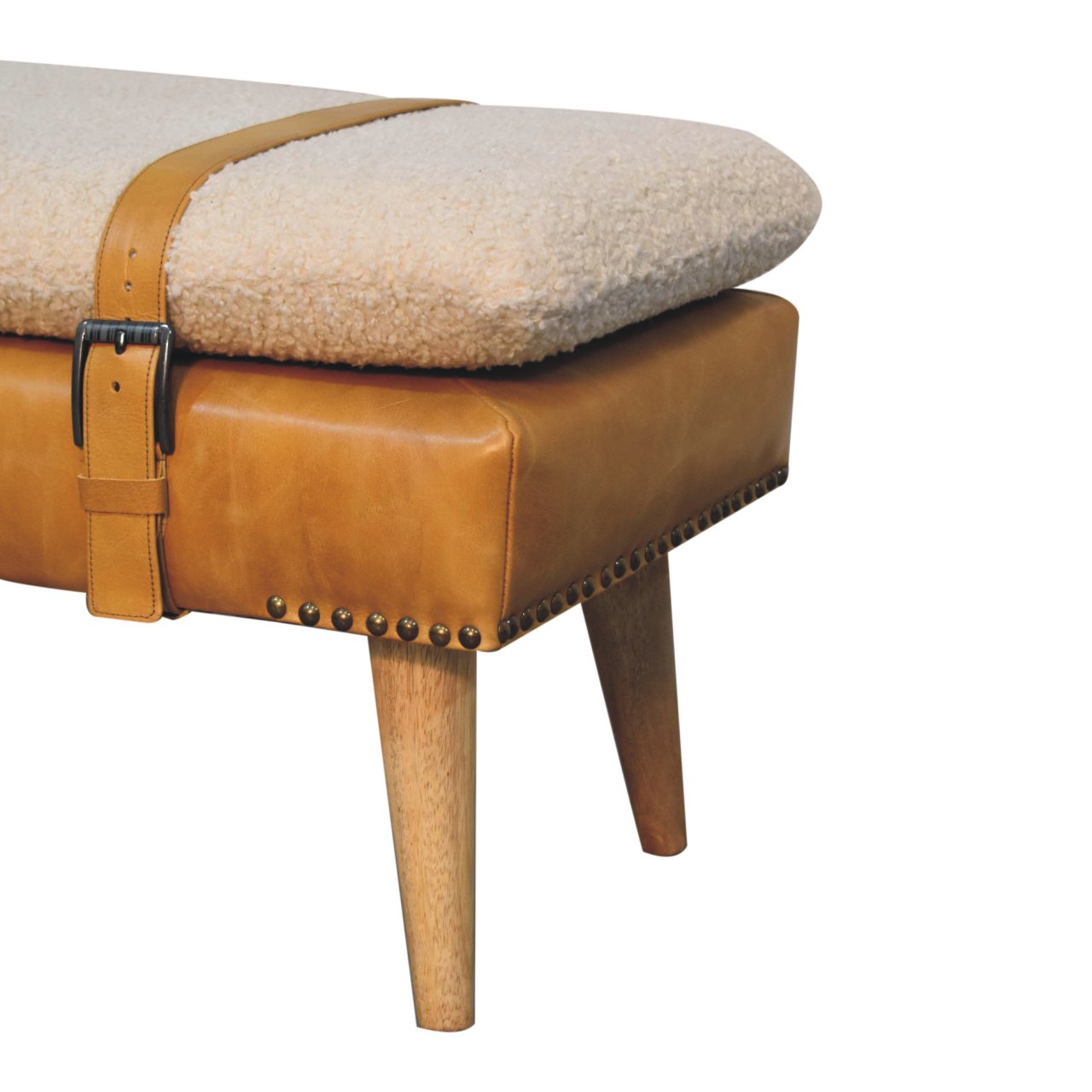 Solid Mango Wood Boucle Buffalo Hide Tan Leather Finished Bench - Image 5