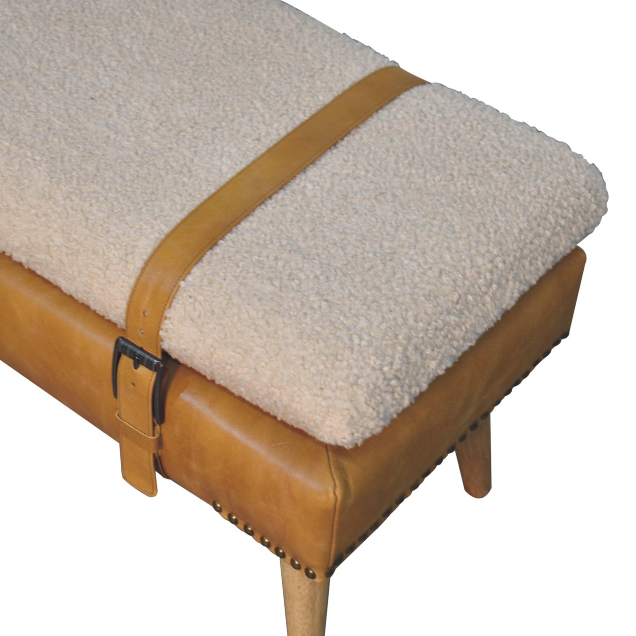 Solid Mango Wood Boucle Buffalo Hide Tan Leather Finished Bench - Image 6