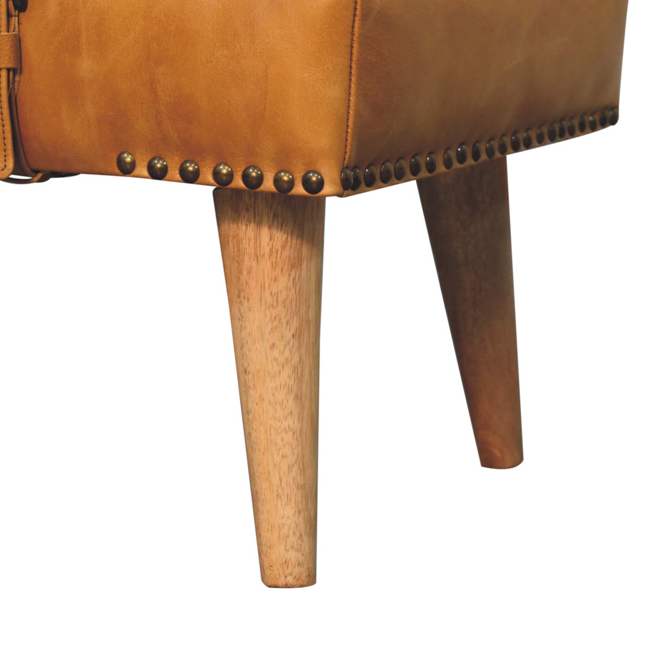 Solid Mango Wood Boucle Buffalo Hide Tan Leather Finished Bench - Image 7