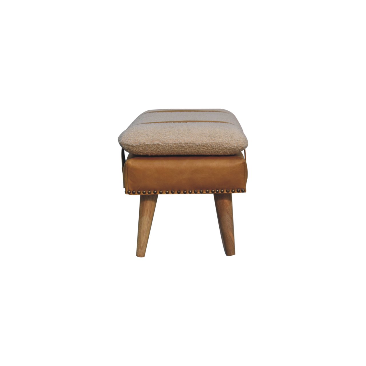 Solid Mango Wood Boucle Buffalo Hide Tan Leather Finished Bench - Image 8